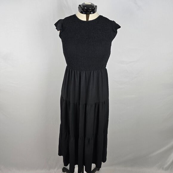 Fit & Flare Dress Women's Medium Black Cap Sleeve Shirred Layered Contrast Midi - Picture 1 of 12